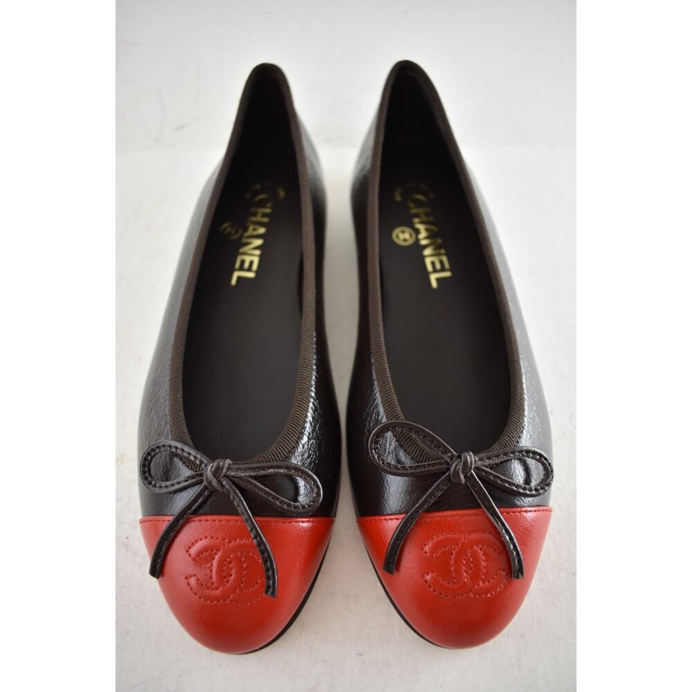 Chanel 26S Dark Brown Red Leather CC Logo Cap Classic Ballet Ballerina Flat 38 - Picture 12 of 16